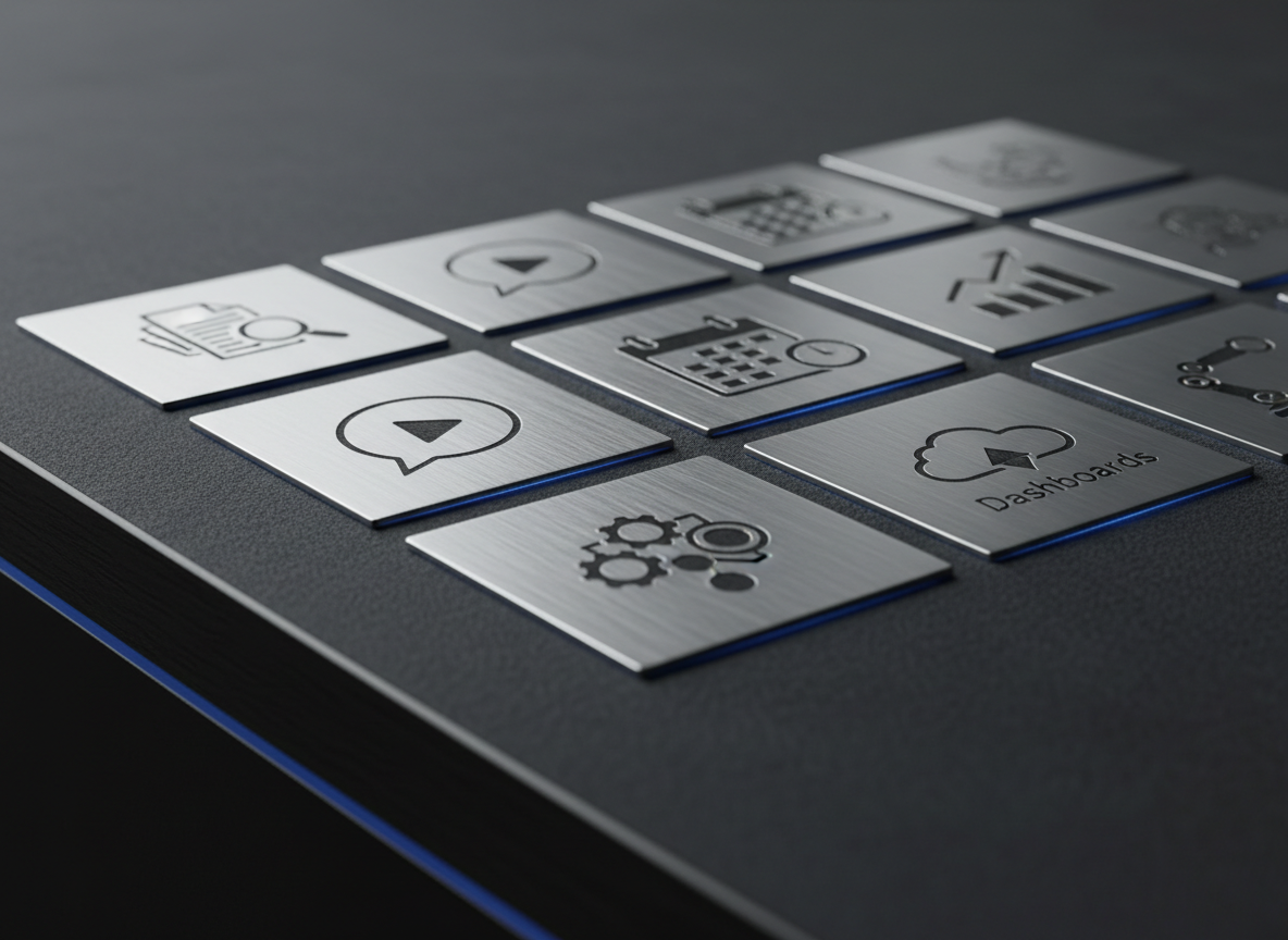 A close-up of an orderly grid of metallic automation icons etched onto brushed aluminum tiles, each icon representing tasks like document processing, chatbot replies, calendar scheduling, and analytics dashboards. The tiles are embedded in a dark charcoal desk surface with a smooth, almost velvet-like texture. A subtle blue LED strip along the desk edge casts a cool, linear glow across the tiles, catching their engraved edges and creating refined highlights. The composition uses a shallow depth of field from a low, raking angle, focusing sharply on the central tiles while others softly blur into the distance. Photographic realism with a clean, modern aesthetic that feels precise, technical, and quietly powerful, evoking reliable AI systems working continuously in the background.