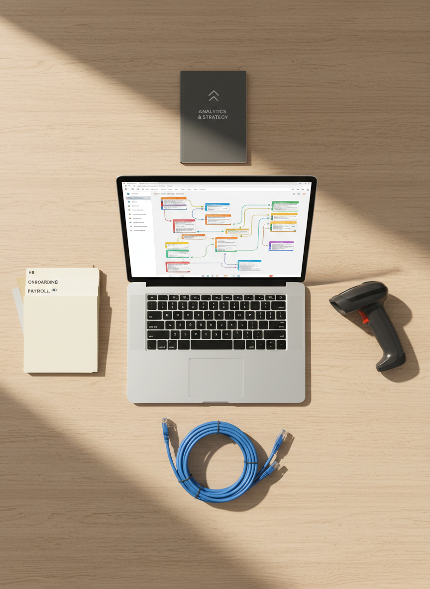 An overhead view of a minimalist workspace featuring a slim silver laptop open on a light oak desk, its screen filled with a visual AI automation builder showing draggable nodes and connectors. Around the laptop, neatly arranged objects symbolize different departments: a small stack of labeled file folders for HR, a compact barcode scanner for logistics, a tidy bundle of ethernet cables for IT, and a slim analytics booklet for management. Soft, indirect daylight from the left creates a gentle gradient of light across the desk, with delicate shadows that maintain a clean, uncluttered look. Photographic realism with sharp focus and balanced composition, evoking a calm, controlled, and highly organized environment where every repeated task is orchestrated by automation.
