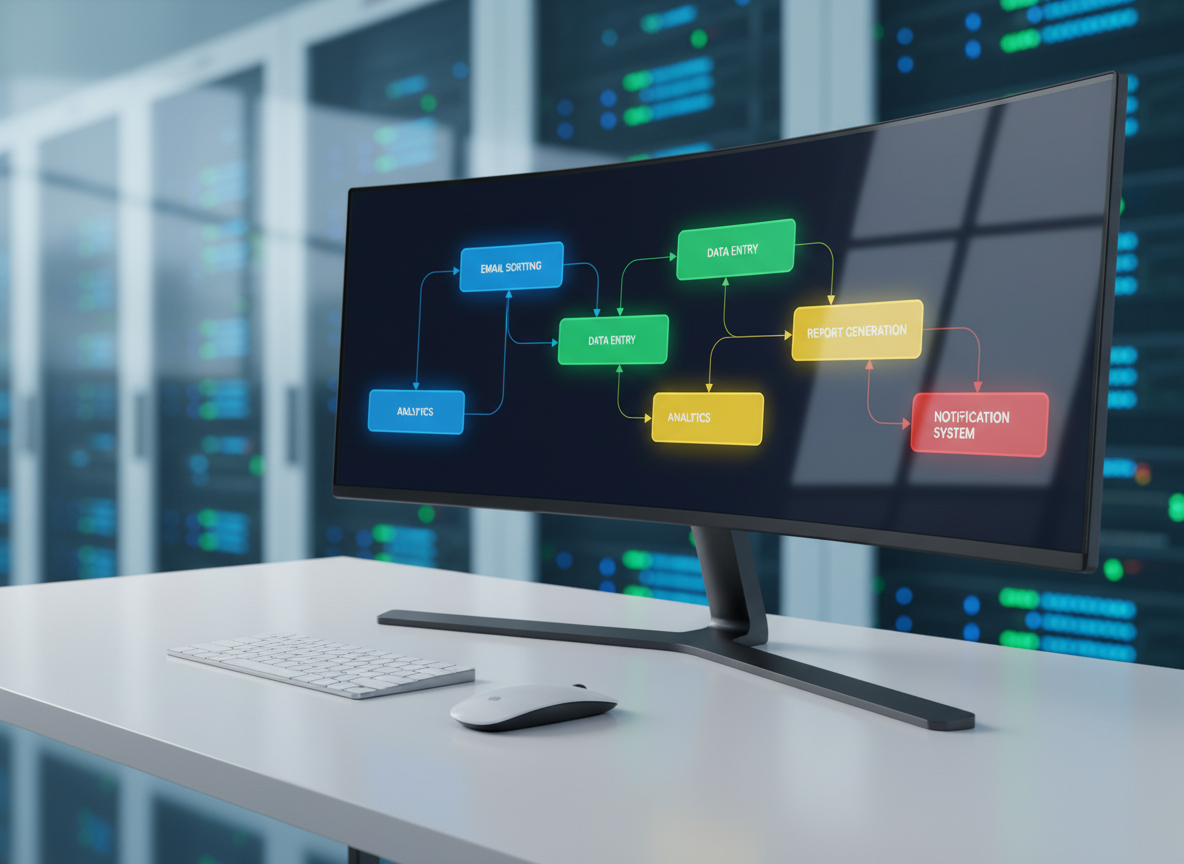 A sleek ultrawide monitor displaying a vibrant dashboard of AI automation workflows, with colorful flowchart-style blocks connecting tasks like email sorting, data entry, and report generation. The monitor sits on a clean, matte white desk beside a minimalist wireless keyboard and mouse, with no personal items in sight. In the background, softly blurred server racks with tiny indicator lights hint at cloud infrastructure. Cool, diffused daylight from an unseen window illuminates the scene, creating soft reflections on the screen and subtle shadows under the devices. Photographic realism, shot at eye level with a slight three-quarter angle, sharp focus on the monitor and a gentle bokeh background, conveying a professional, efficient, and future-ready atmosphere.